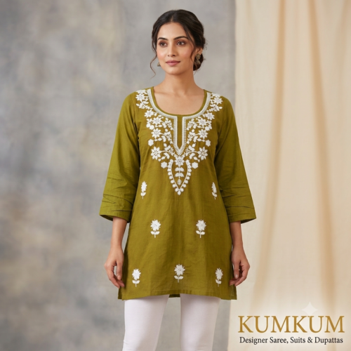 Olive Green Chikankari Short Kurti