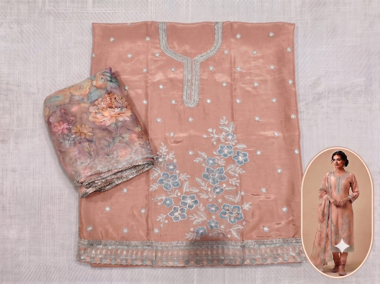 Graceful Peach Shimmer Floral Suit Set