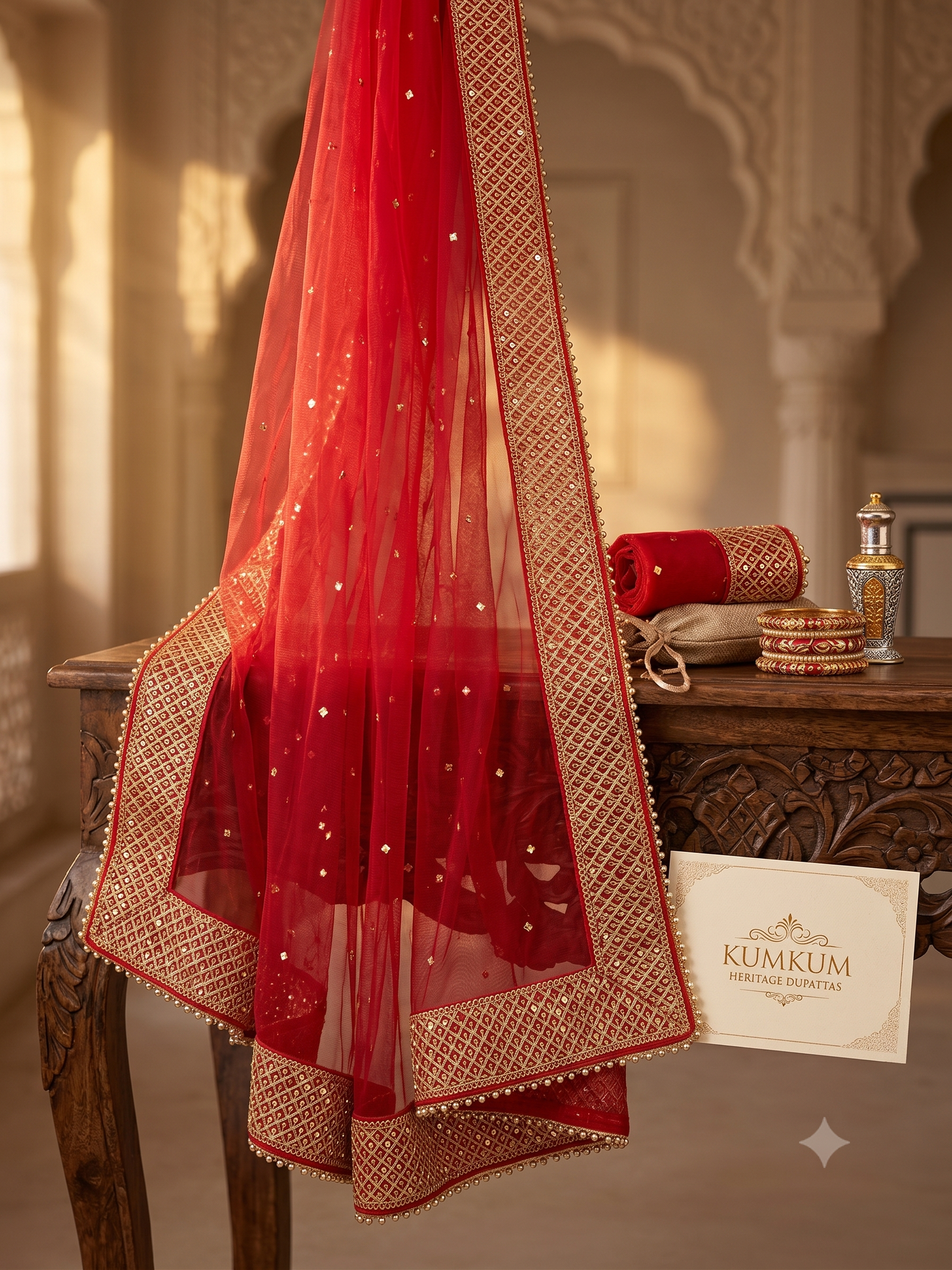 Heritage Crimson Net Dupatta Set with Elaborate Mirror Border with Waist belt