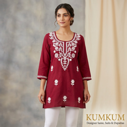 Maroon Embroidered Short Kurti