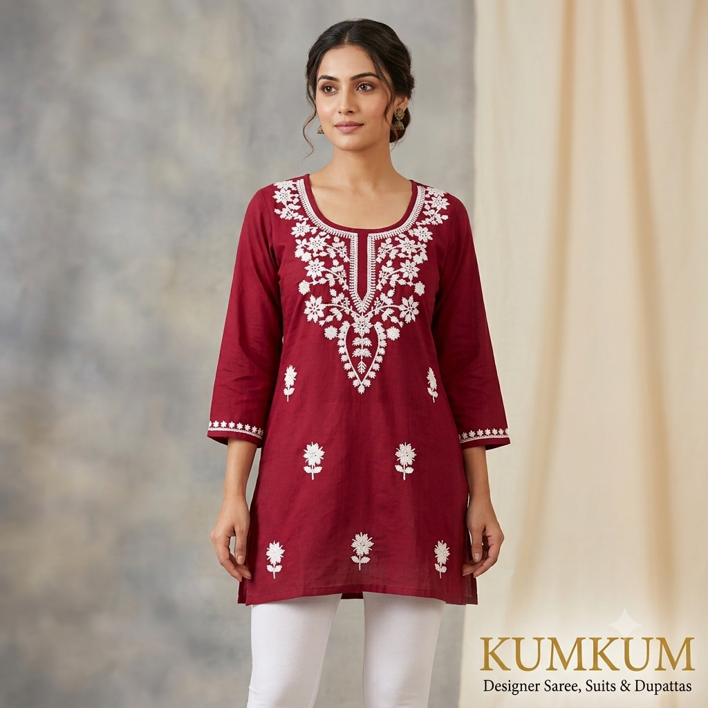Maroon Embroidered Short Kurti