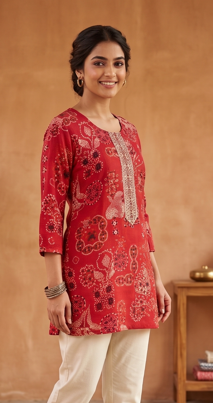 Crimson Red Bandhani-Inspired Short Kurti