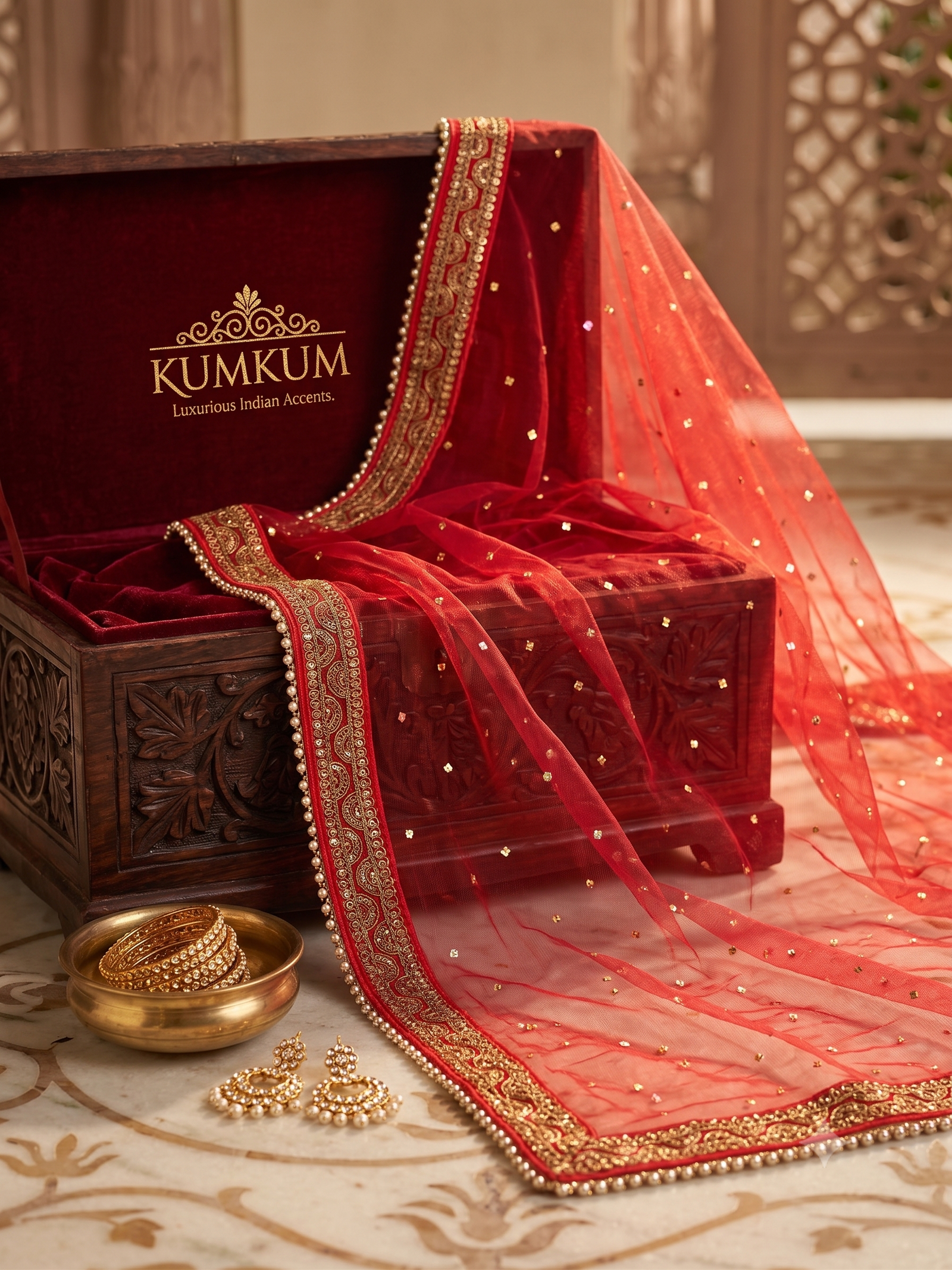 Crimson Pearl & Gold Tulle Dupatta