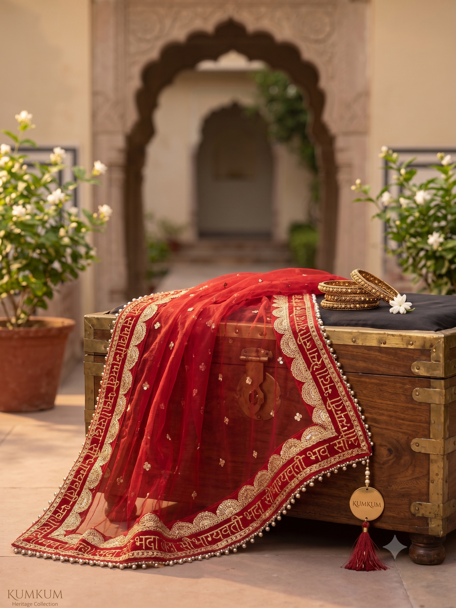 Divine Blessings: Sada Saubhagyavati Bhava Crimson Red Net Dupatta