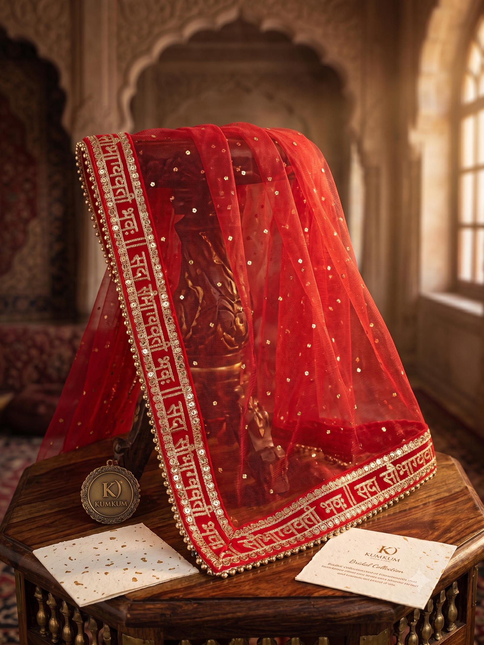 Divine Blessings: Sada Saubhagyavati Bhava Red Net Dupatta