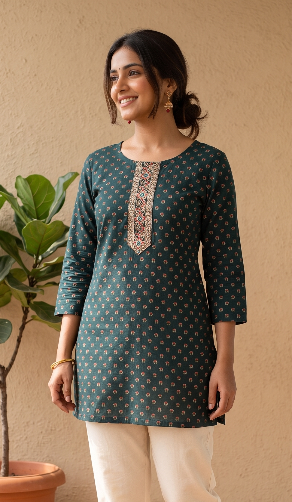 Elegant Teal Blue Ditsy Floral Short Kurti