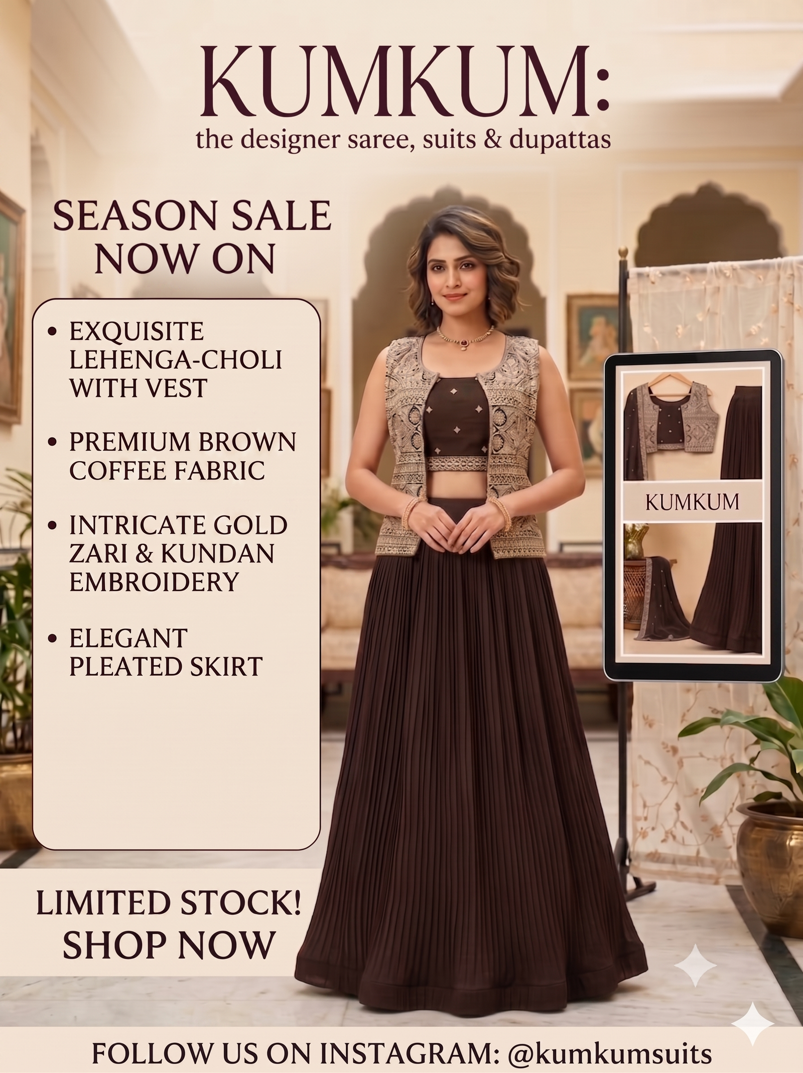 Coffee Brown Exquisite Lehenga-Choli with Zari-Embroidery Vest