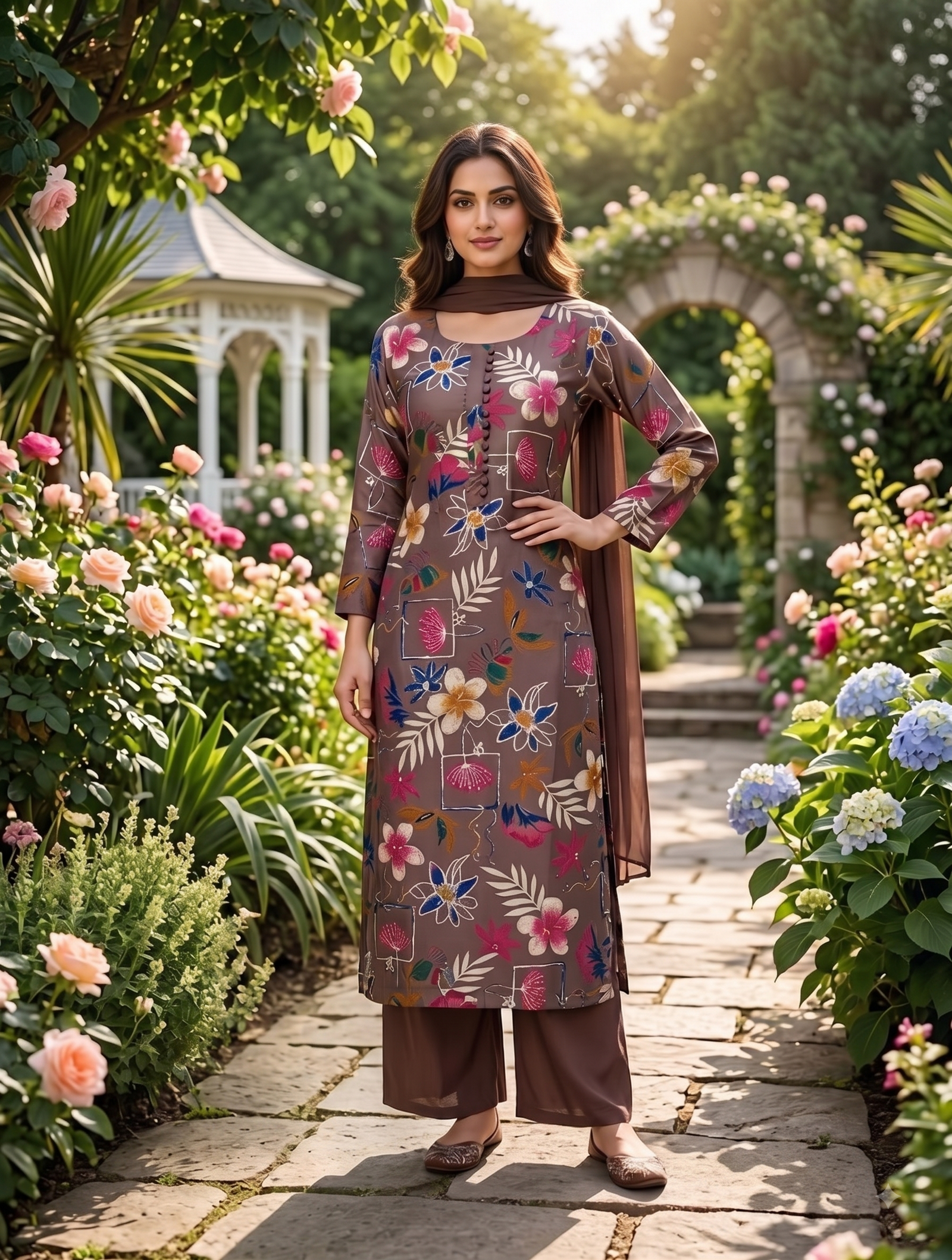 Autumn Bloom: Brown Floral Kurti with Palazzos