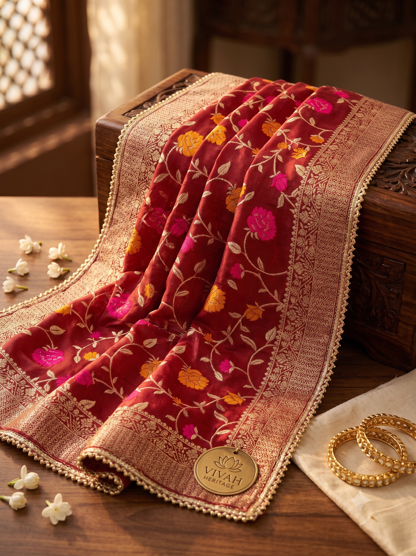 Heritage Zari Jacquard Dupatta in Rich Maroon with Multi-Color Blooms