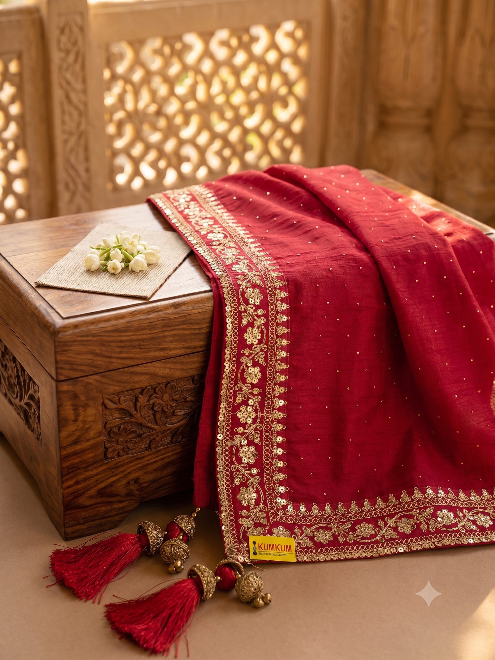 Royal Crimson Gold Ghungroo Tassel Dupatta