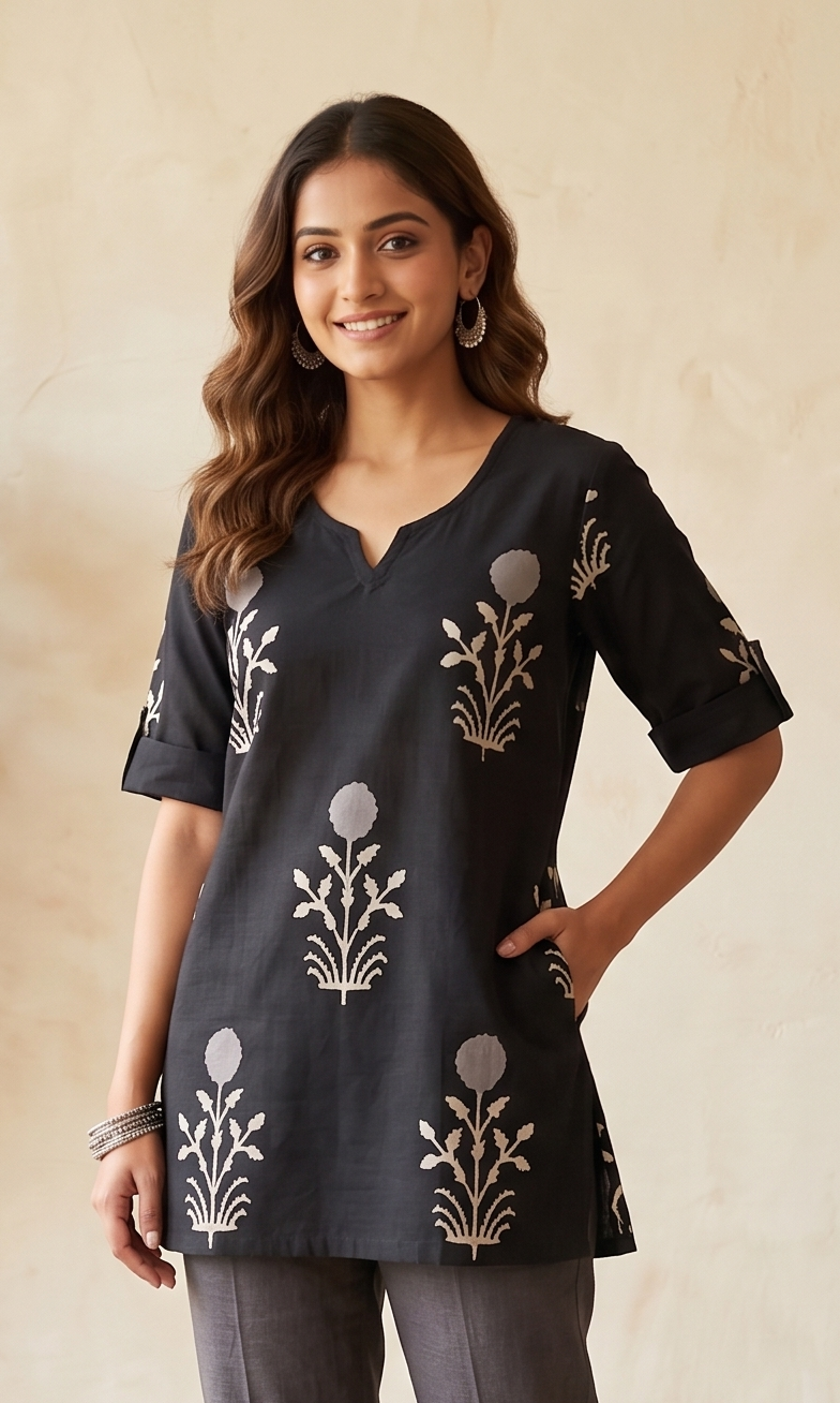 Charcoal Black Printed Short Kurti