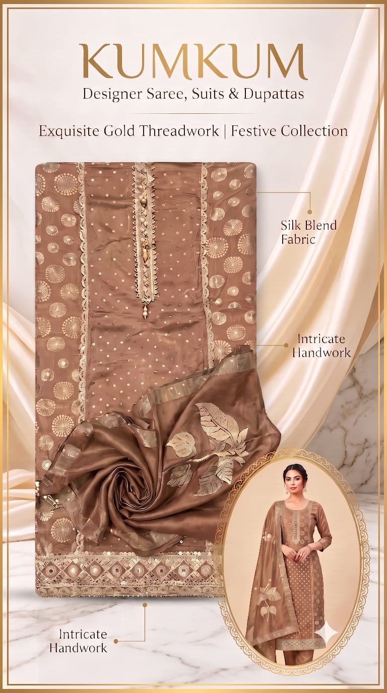 Copper Silk Blend Festive Suit with Gold Threadwork