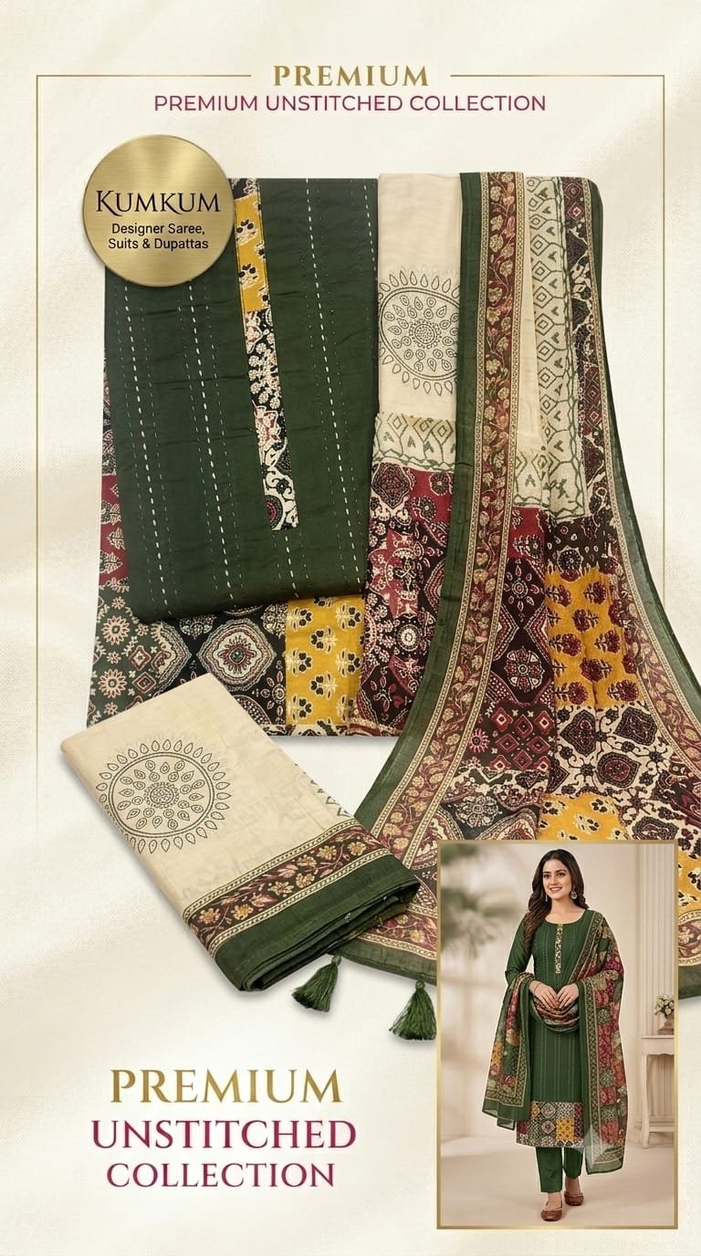 Olive Green Ajrakh Pattern Premium Unstitched Suit