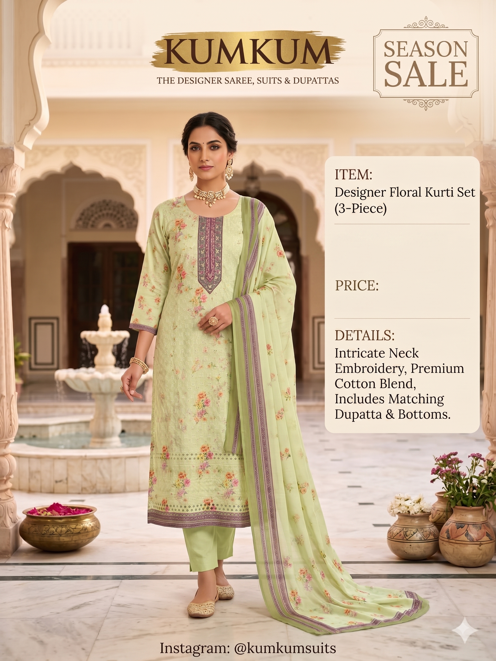 Pistachio Green Floral Print Cotton Kurti Set