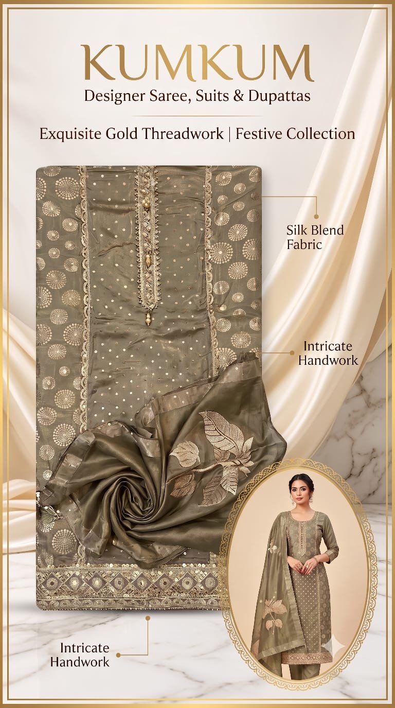 Greyish Green Silk Blend Festive Suit with Gold Threadwork
