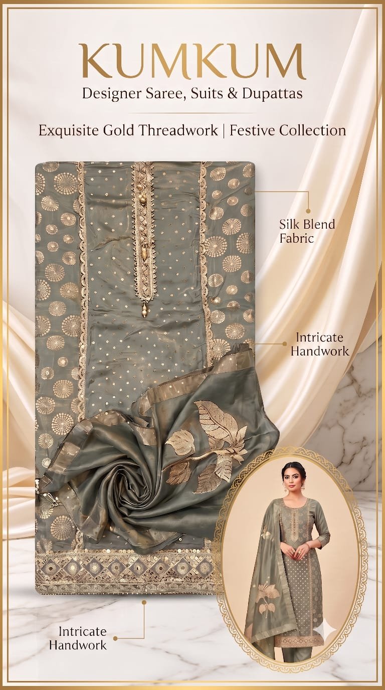 Slate Grey Silk Blend Festive Suit with Gold Threadwork
