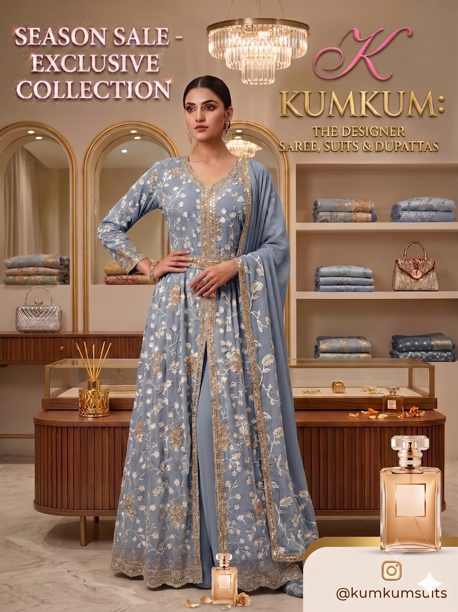 Regal Slate Blue Floral Jaal Embroidered Front-Slit Sharara dress