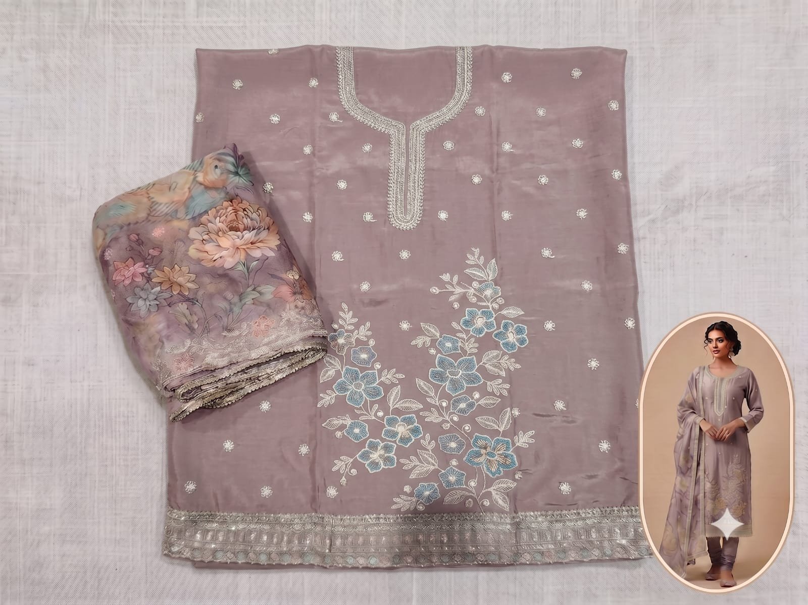 Elegant Lavender Shimmer Floral Suit Set