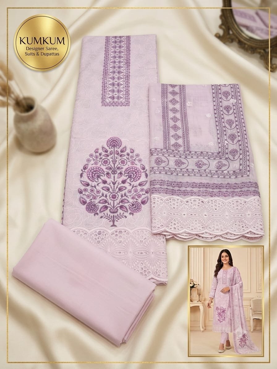 Lavender Floral Kadhai Premium Unstitched Suit
