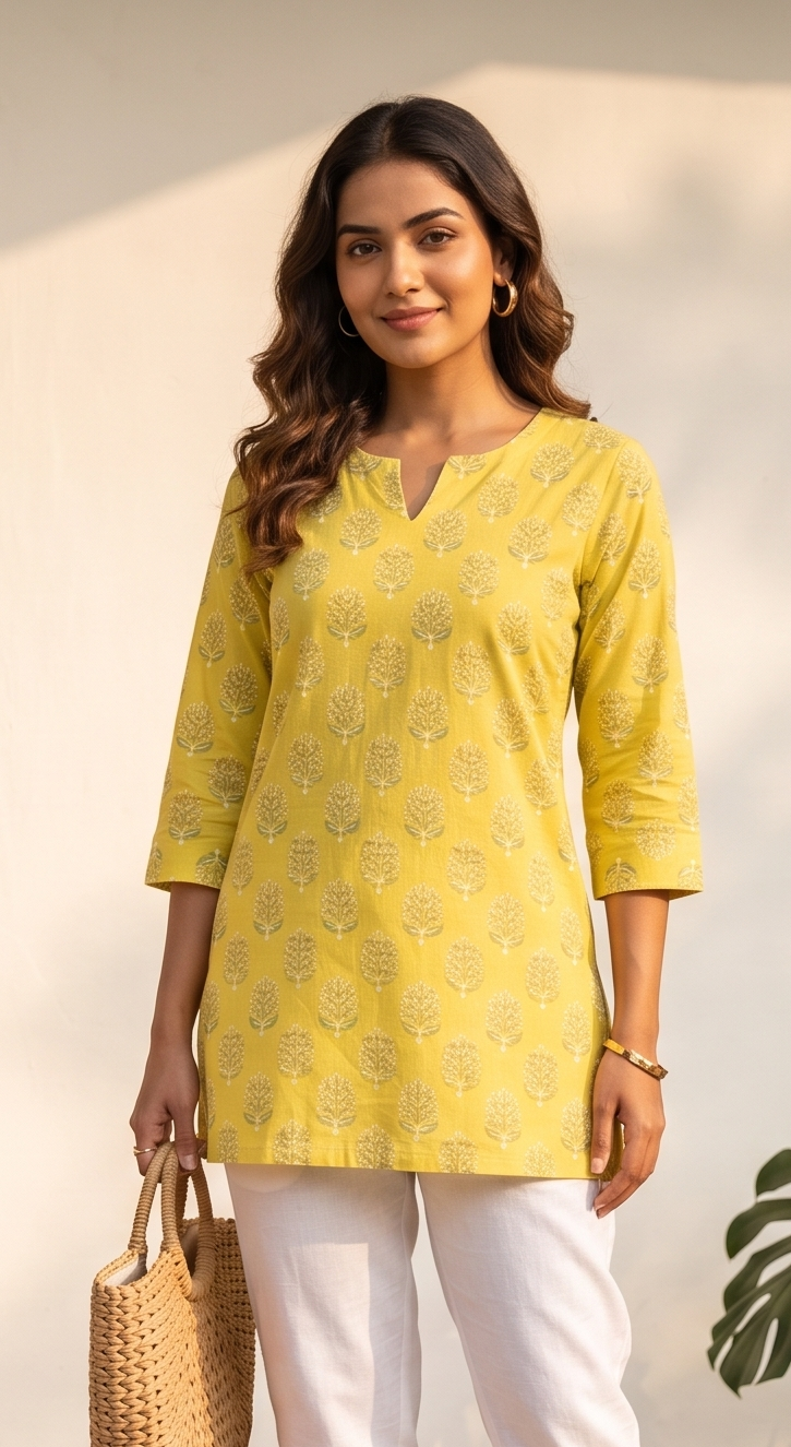 Radiant Lemon Yellow Floral Motif Short Kurti