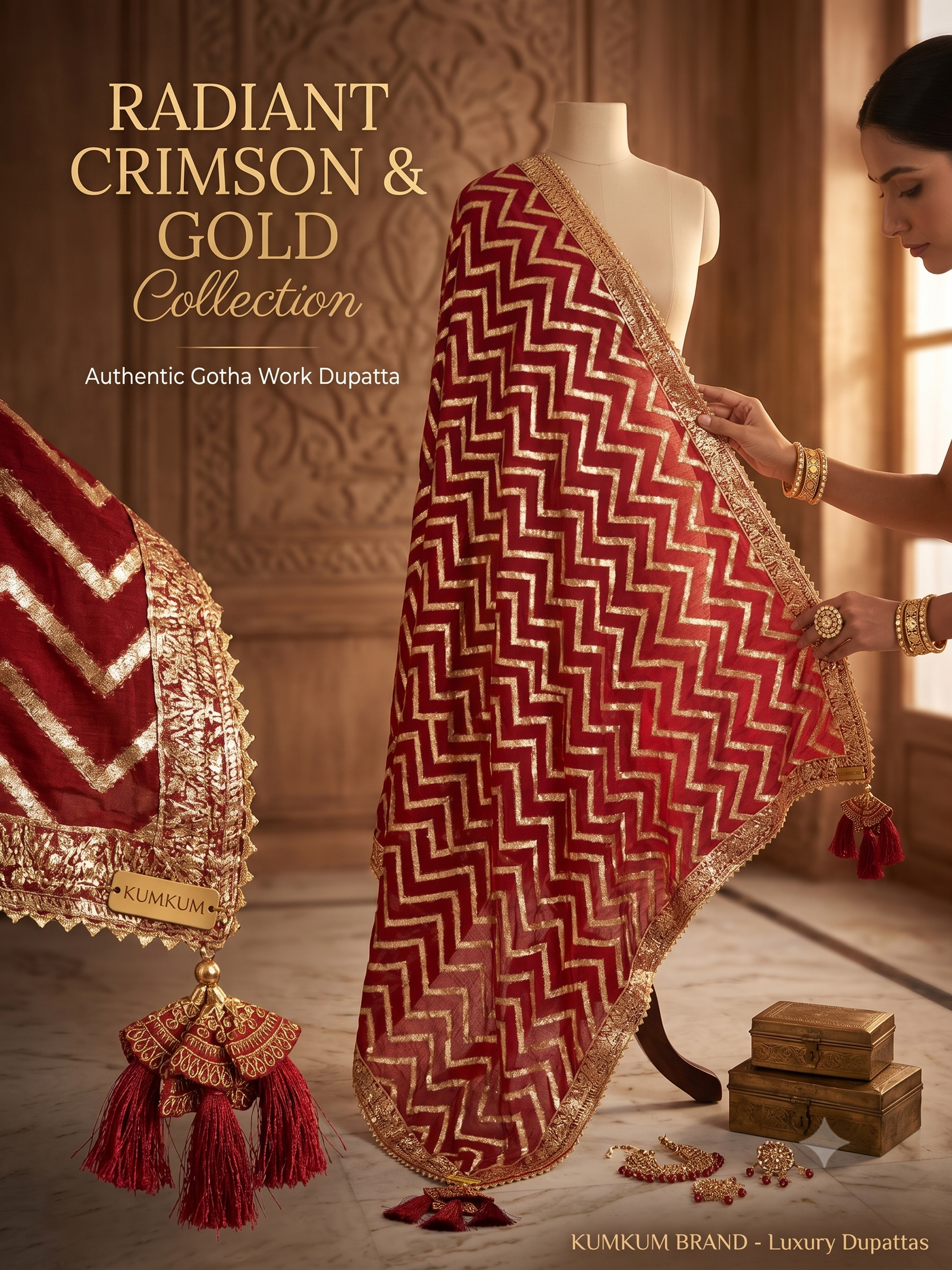 Maroon Golden Chevron Royal Bridal Dupatta