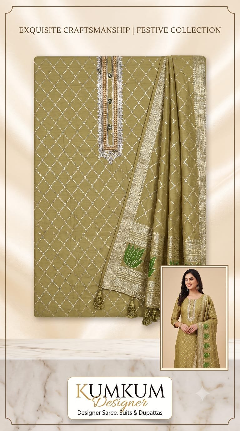 Olive Green Chanderi Barfi Embellished Suit Set