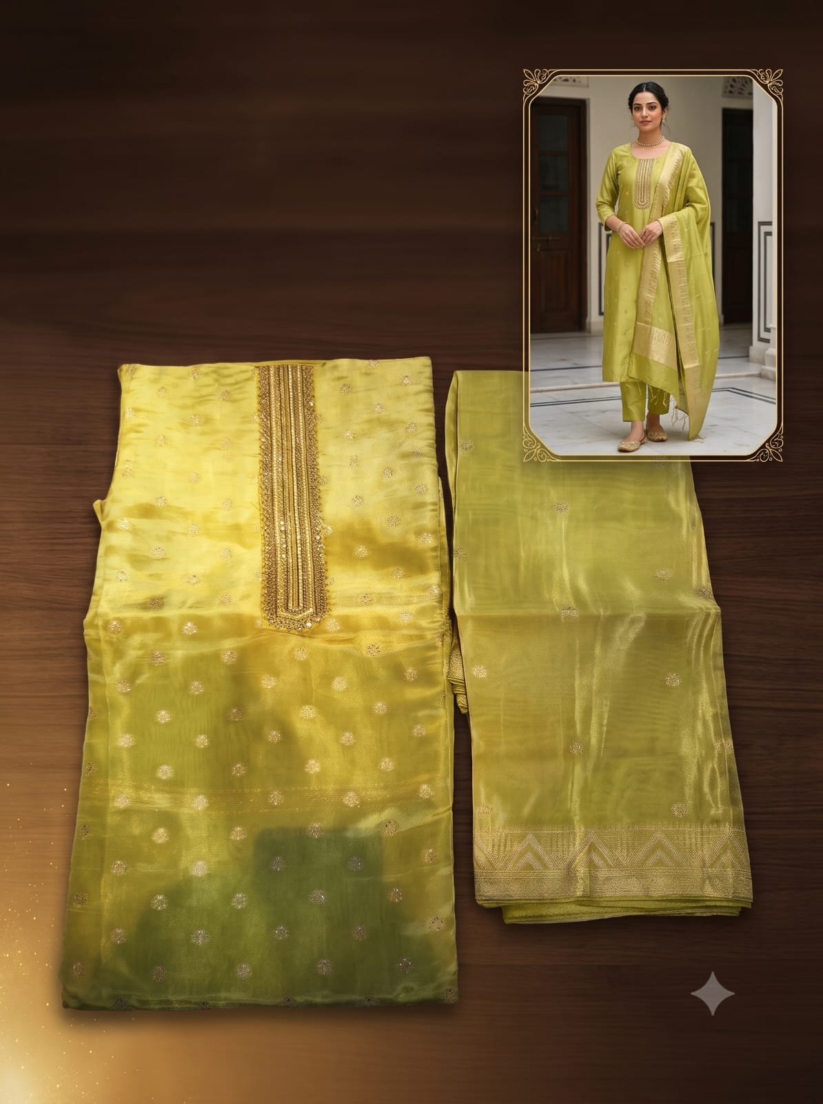 Lime Green Embellished Silk Suit Set