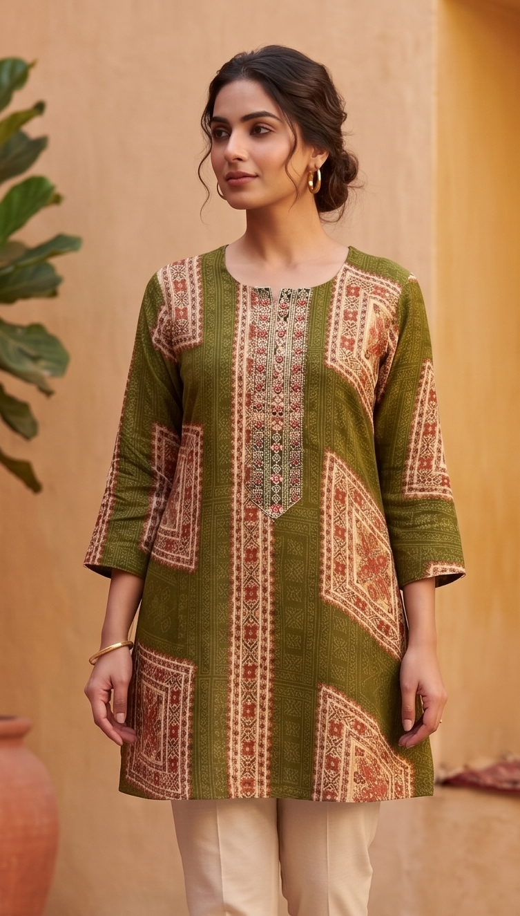 Mehndi Green Geometric Print Short Kurti