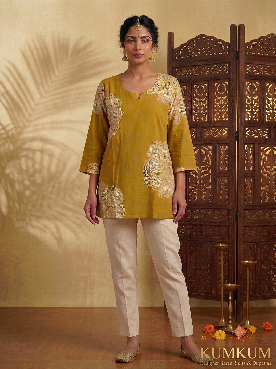 Mustard Printed Short Kurti