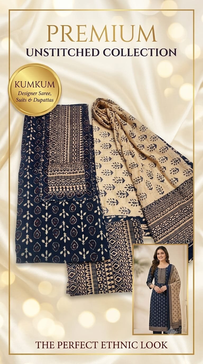 Deep Navy Blue Batik Print Premium Unstitched Suit