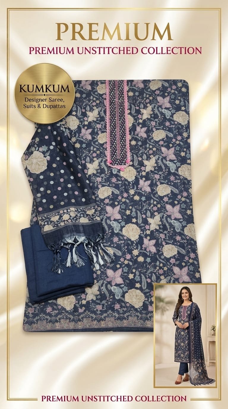 Navy Blue Floral Printed Linen Premium Suit