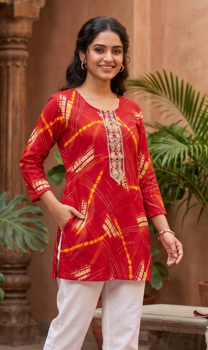 Vibrant Red & Mustard Abstract Print Short Kurti
