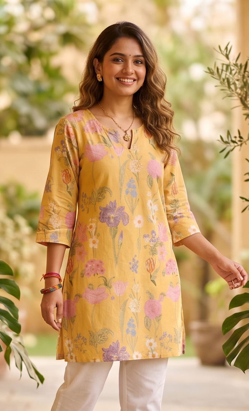 Mustard Floral Garden Print Short Kurti