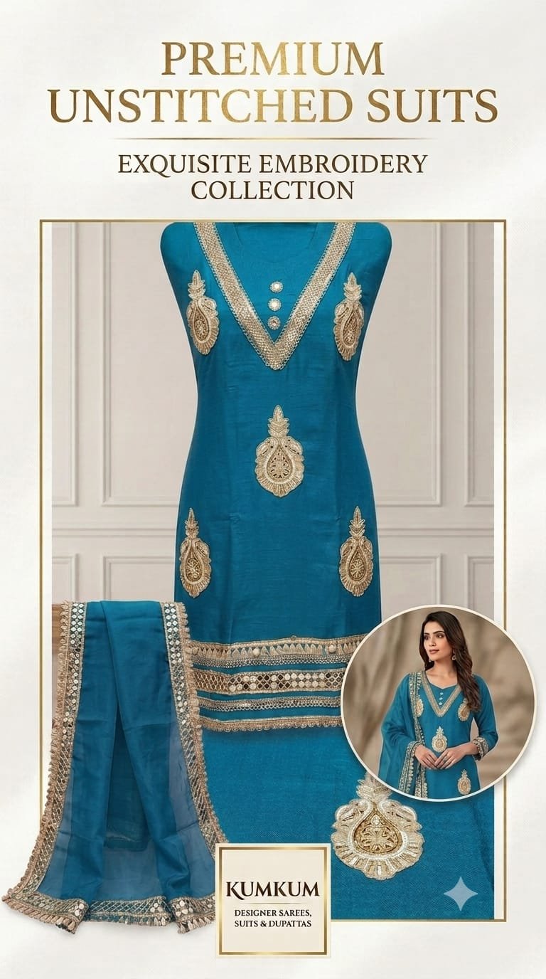 Petrol Blue Premium Silk Embroidered Suit