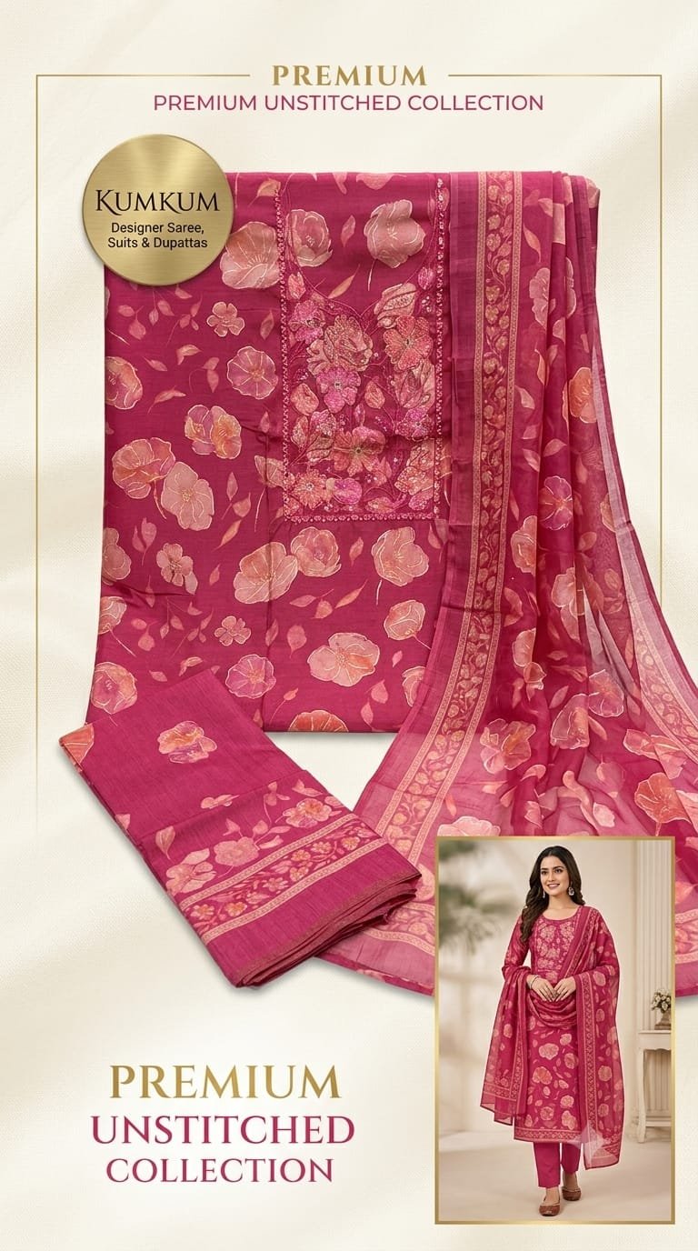 Magenta Pink Floral Print Premium Unstitched Suit Set