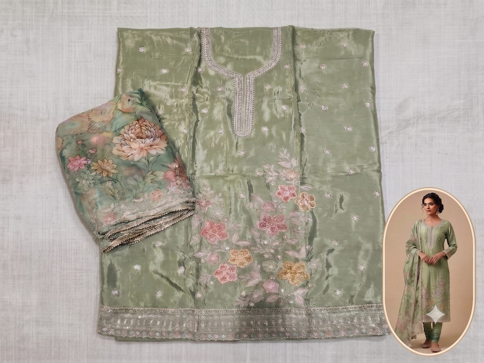 Refreshing Pista Green Shimmer Floral Suit Set