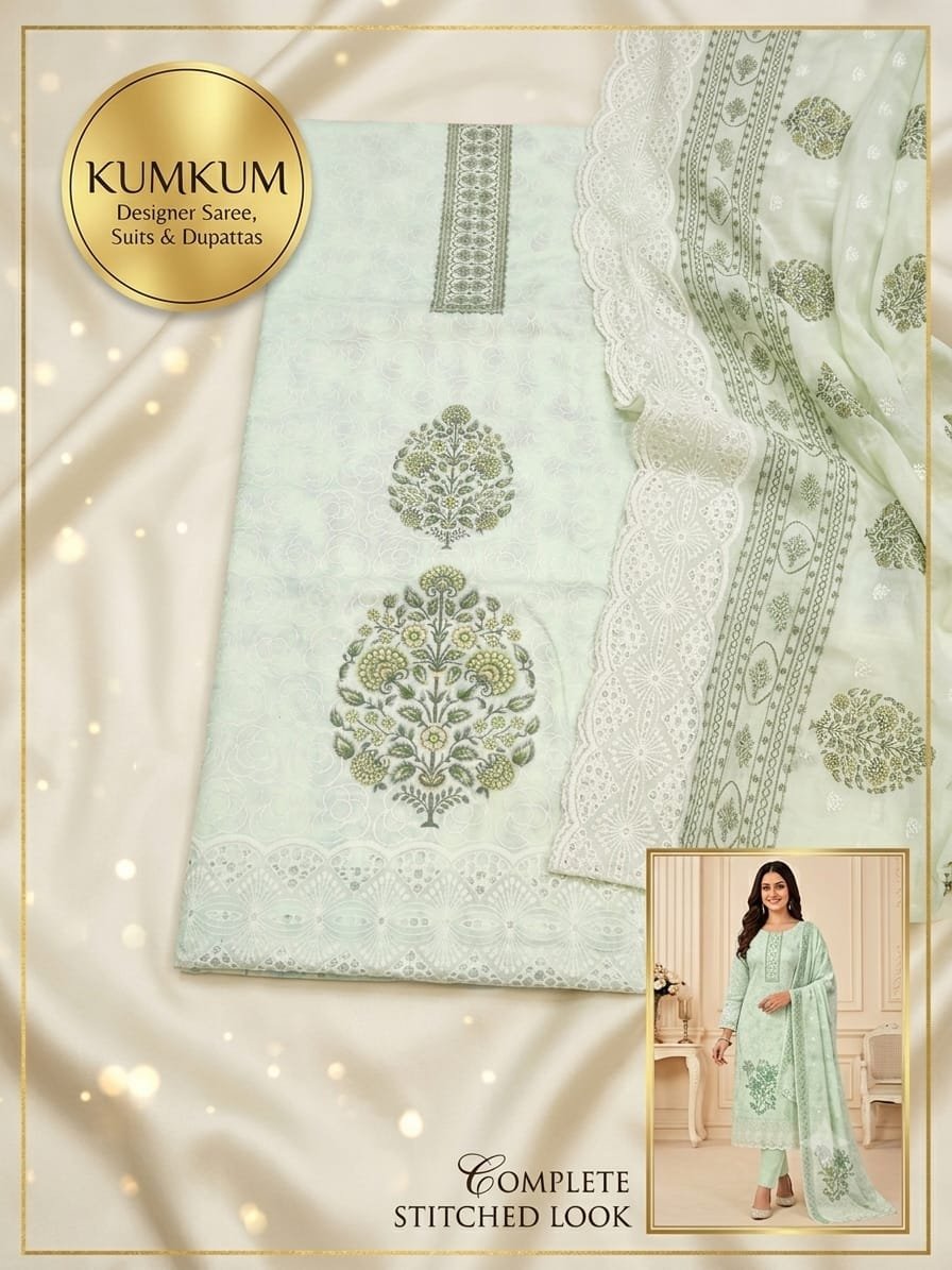 Pista Green Floral Kadhai Premium Unstitched Suit