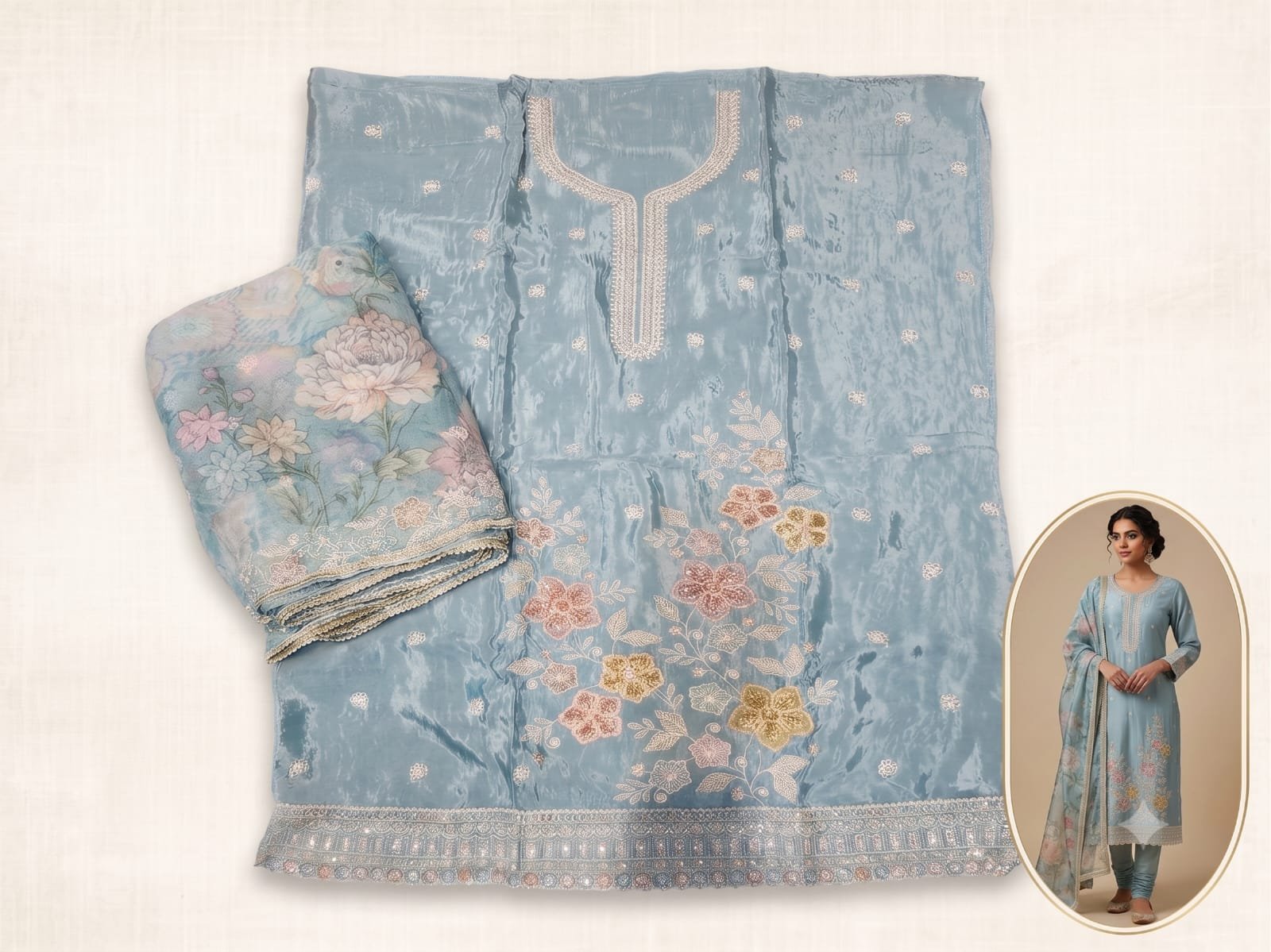 Serene Powder Blue Shimmer Floral Suit Set