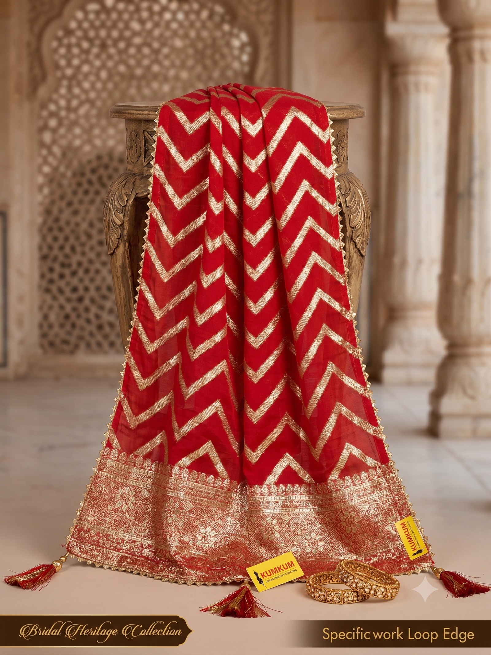 Radiant Crimson Red & Gold Zari Chevron Dupatta