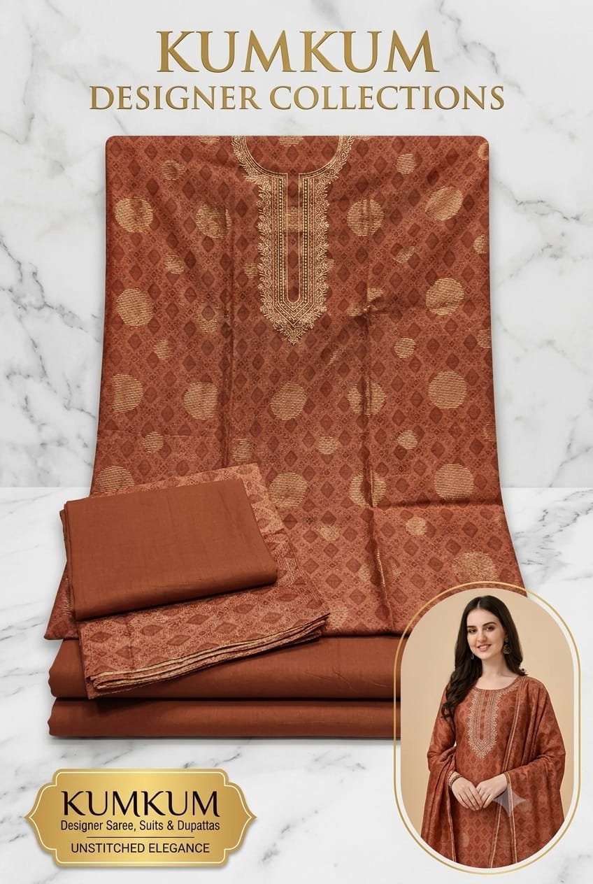 Rust Brown Geometric Print Organza Unstitched Suit Set
