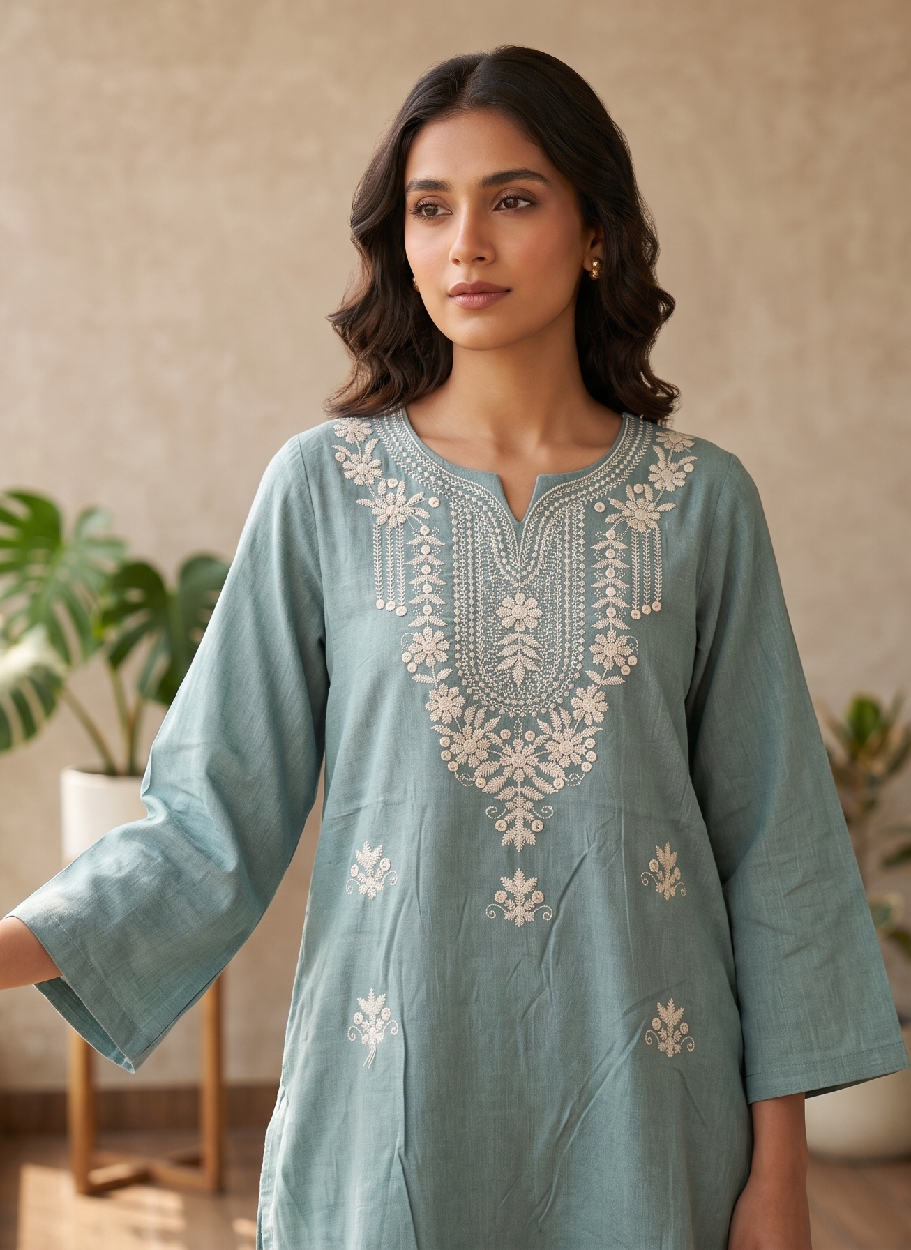 Serene Sea Green Embroidered Short Kurti
