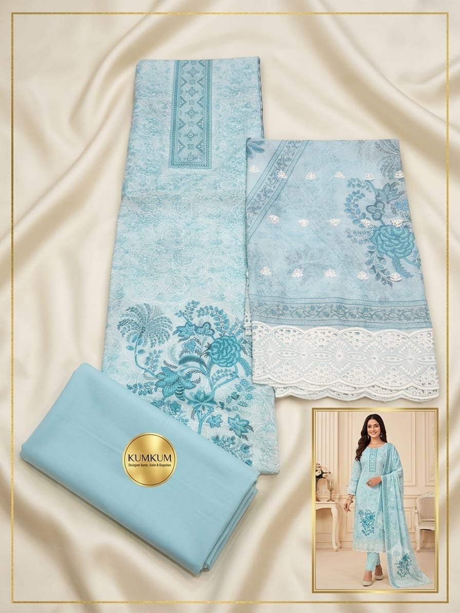 Sky Blue Floral Kadhai Premium Unstitched Suit