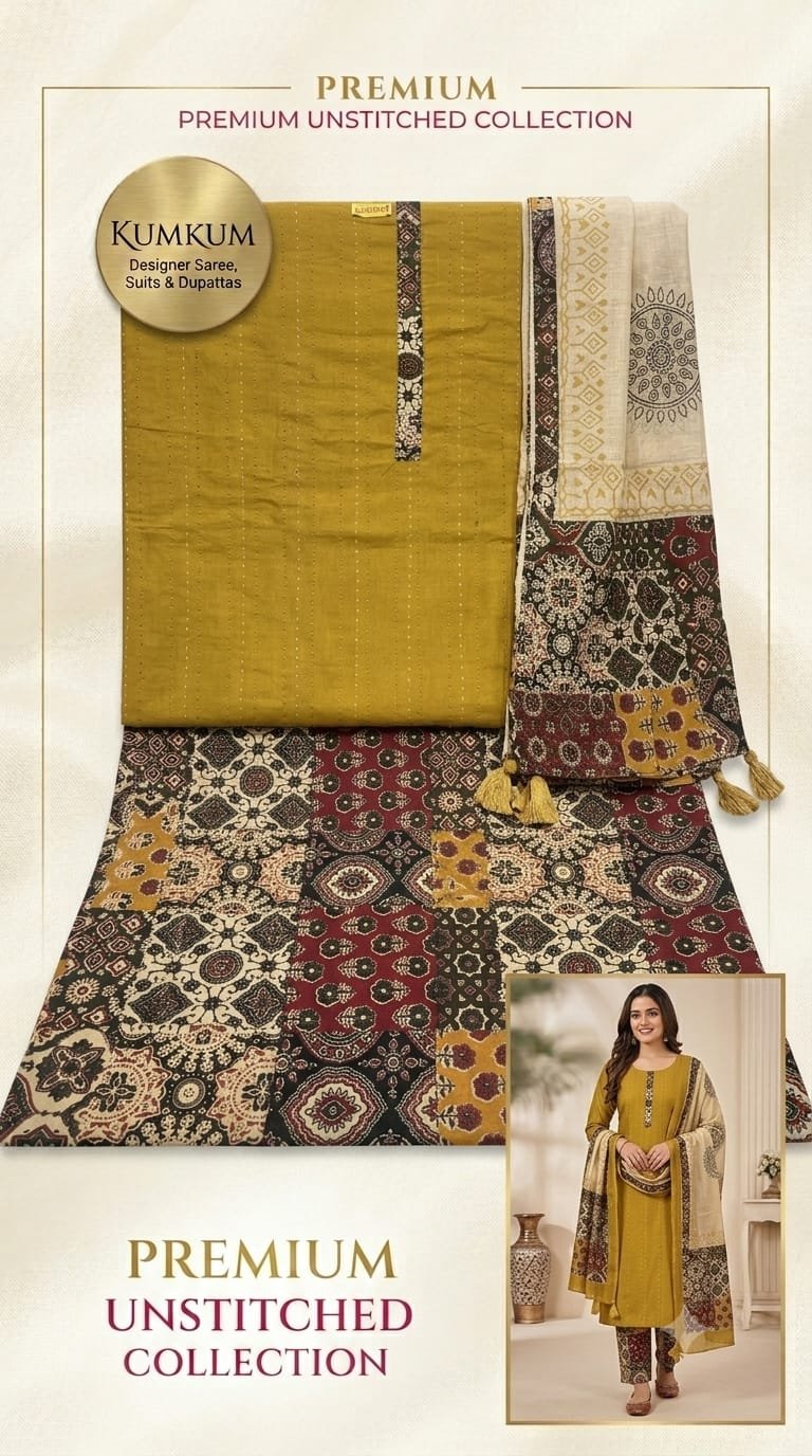Mustard Yellow Ajrakh Pattern Premium Unstitched Suit