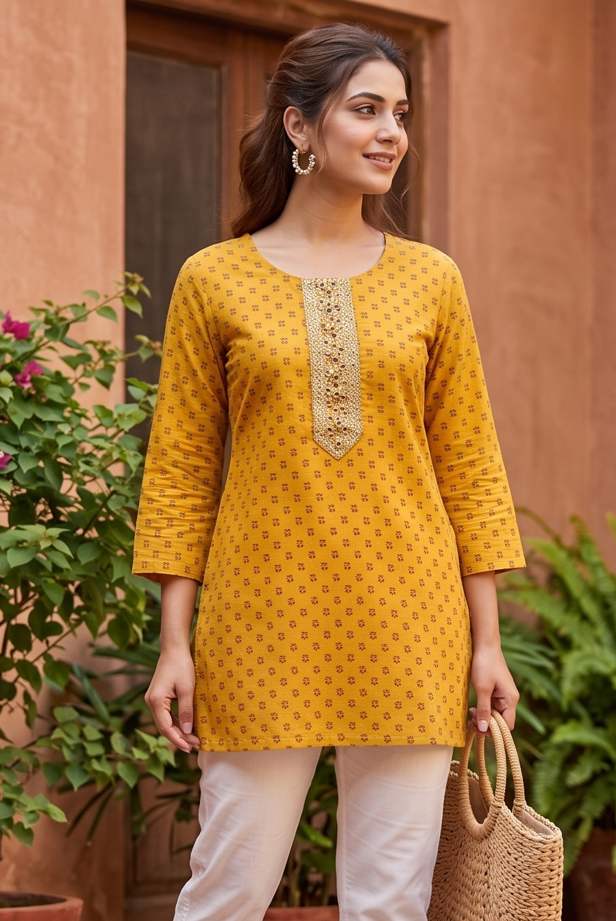 Mustard Yellow Ditsy Print Embellished Short Kurti