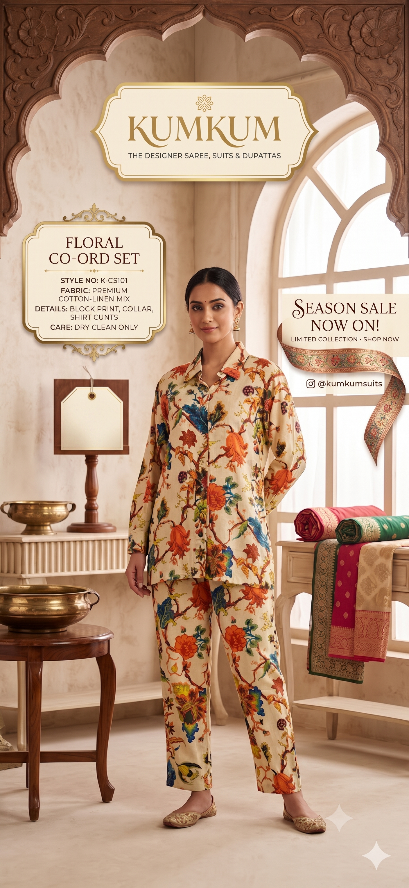 Floral Block-Print Cotton-Linen Co-ord Set