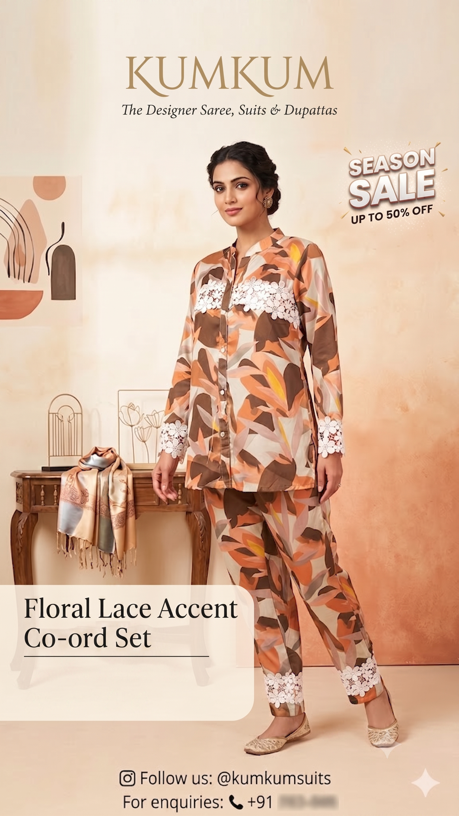 Floral Lace Accent Abstract Co-ord Set
