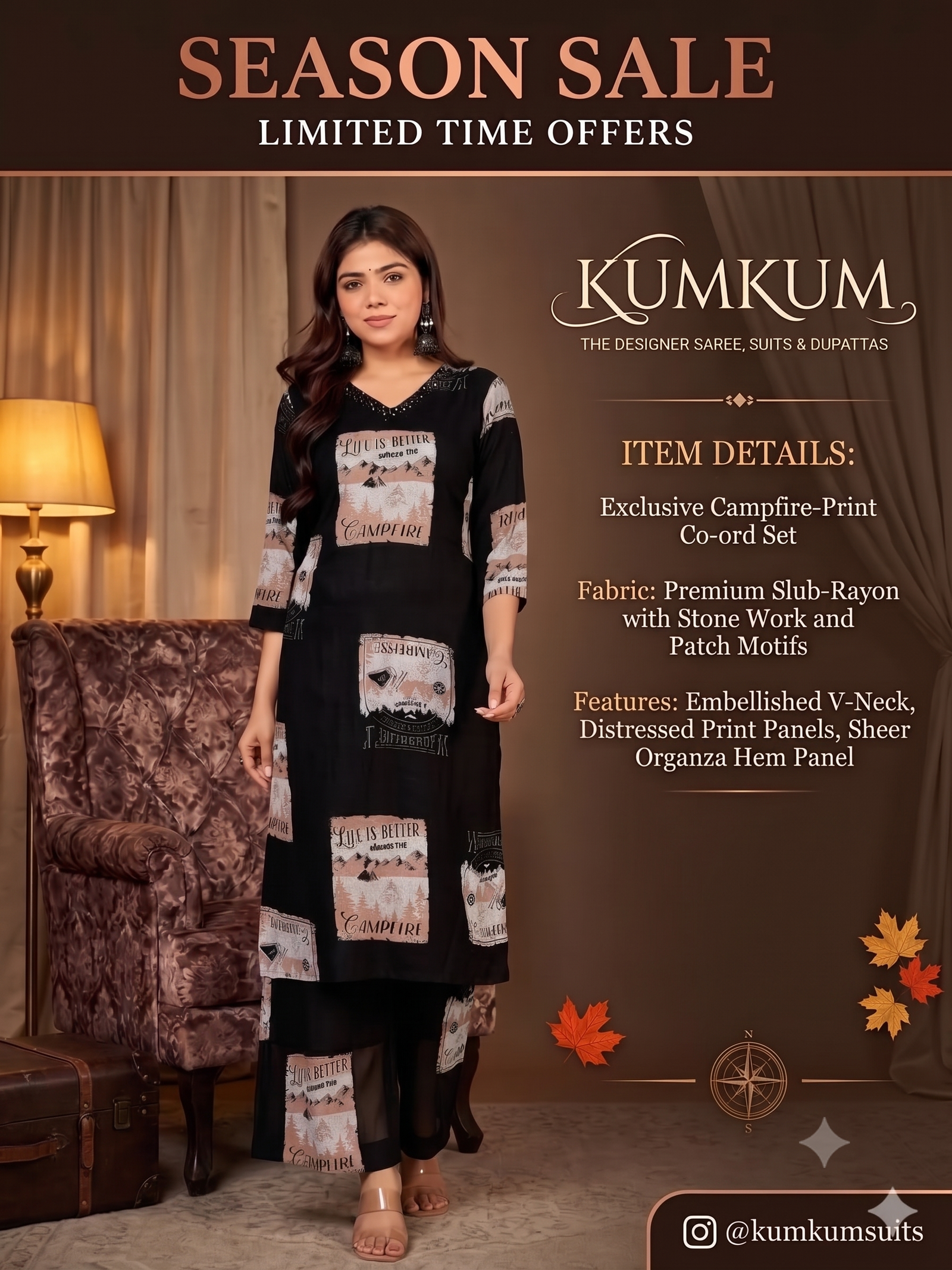 Campfire-Print Slub-Rayon Kurta Co-ord Set