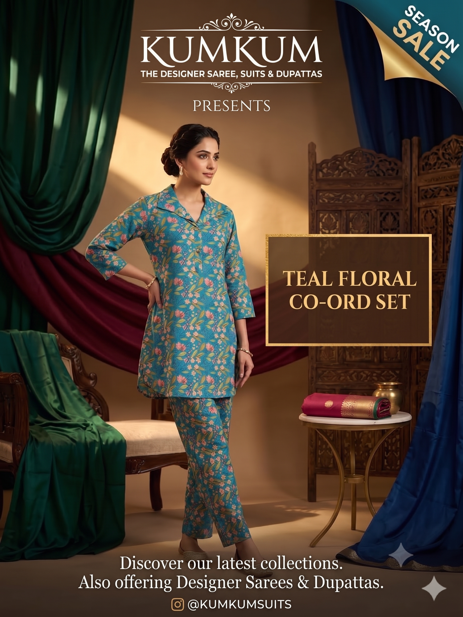 Teal Floral Print Notched Tunic Set