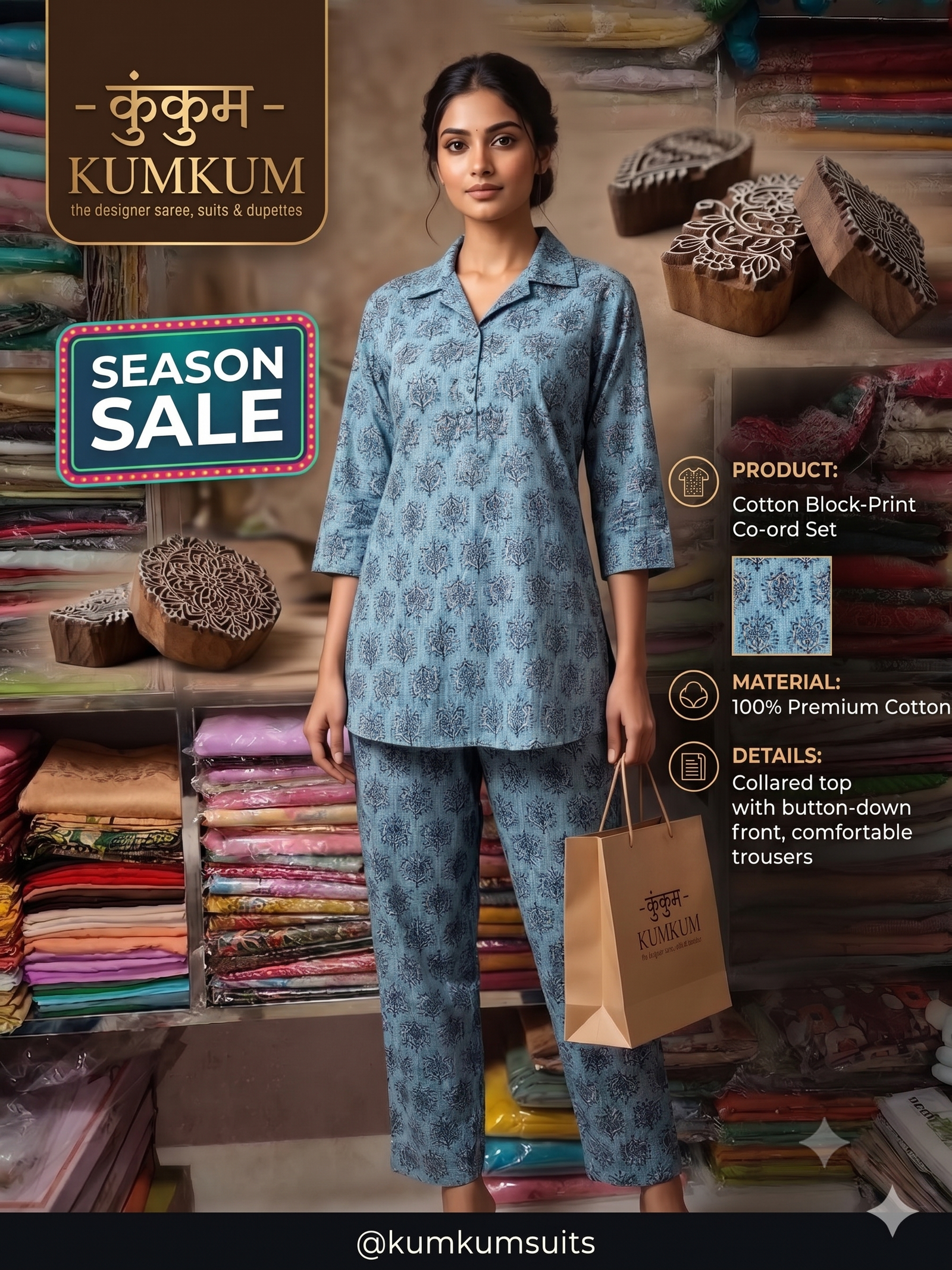Cotton Block-Print Indigo Co-ord Set