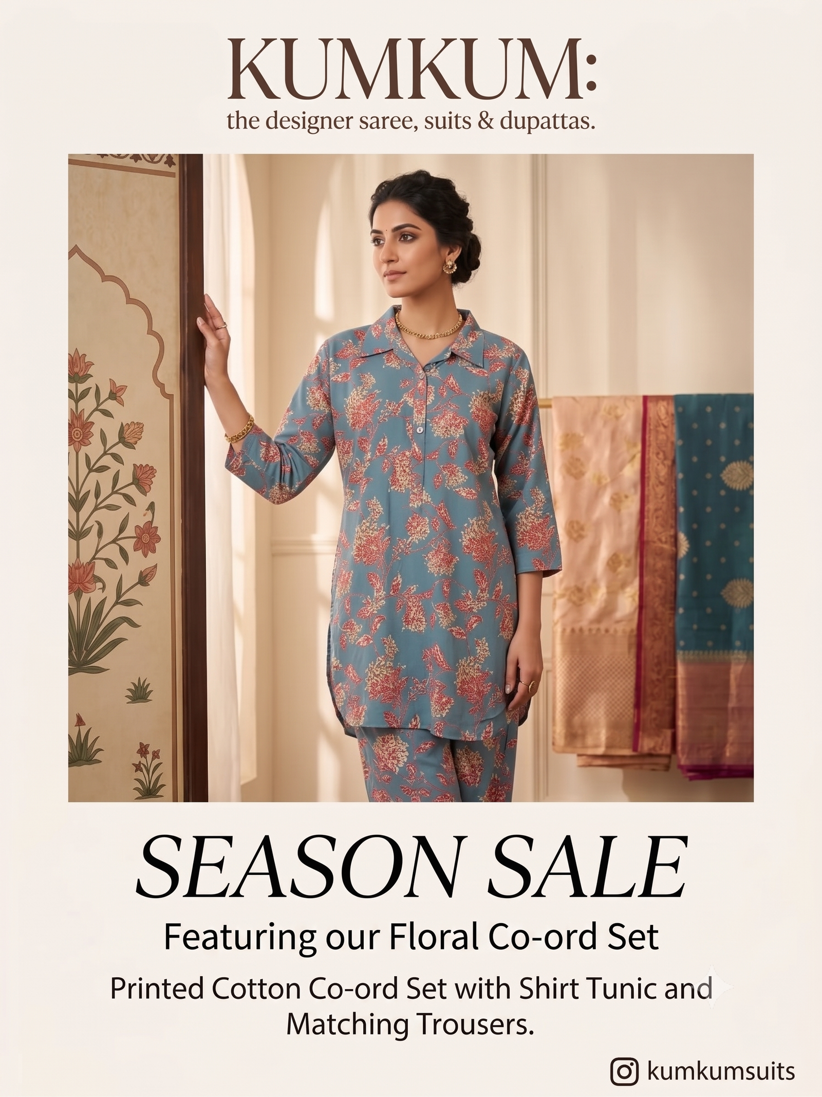 Blue Cotton Floral Tunic Co-ord Set